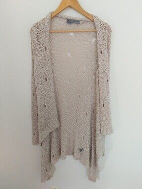 360 Sweater 100% Cotton Open Knit Beige Duster Cardigan Size Medium